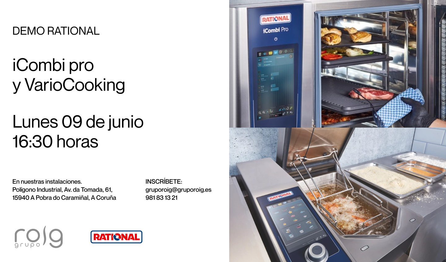 Invitaci&oacute;n a la demo iCombi Pro y VarioCooking Rational en Grupo Roig, mostrando la tecnolog&iacute;a de cocci&oacute;n avanzada para cocinas profesionales.