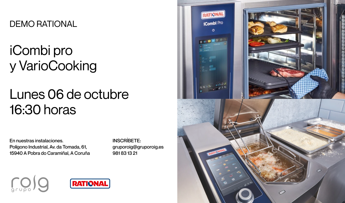 Invitaci&oacute;n a la demo iCombi Pro y VarioCooking Rational en Grupo Roig, mostrando la tecnolog&iacute;a de cocci&oacute;n avanzada para cocinas profesionales.