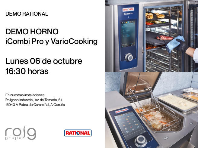 Invitación a la demo iCombi Pro y VarioCooking Rational en Grupo Roig, mostrando la tecnología de cocción avanzada para cocinas profesionales.